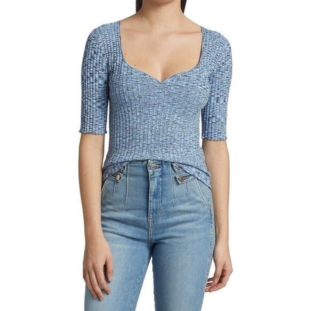 NWT Veronica Beard Lipa rib knit pullover top in spacedye blue, L